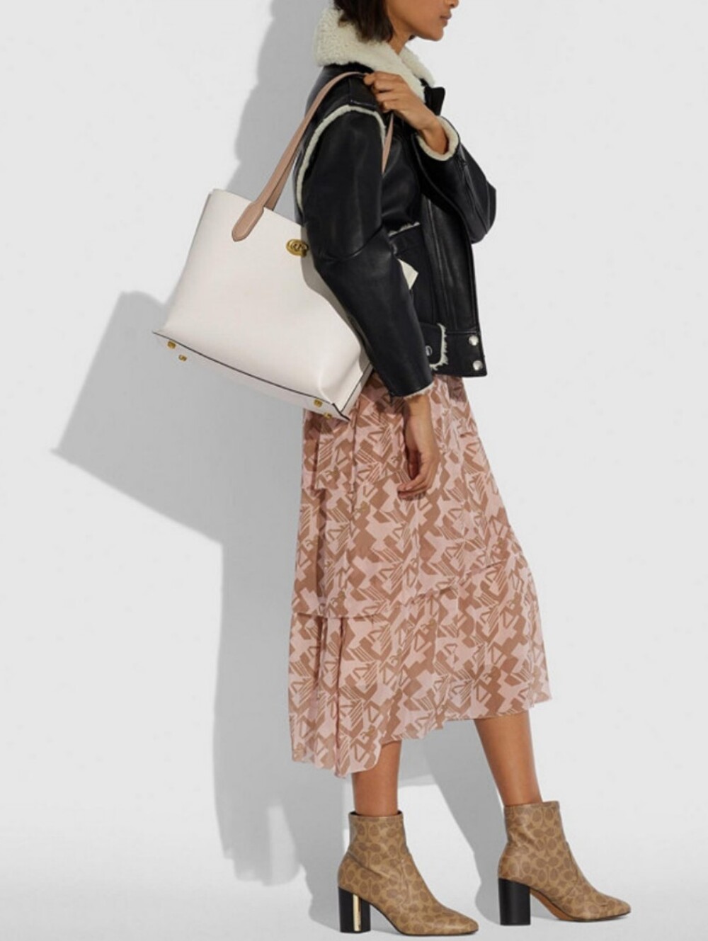 COACH Willow Pebbled Leather Tote in Chalk with Light Taupe Straps